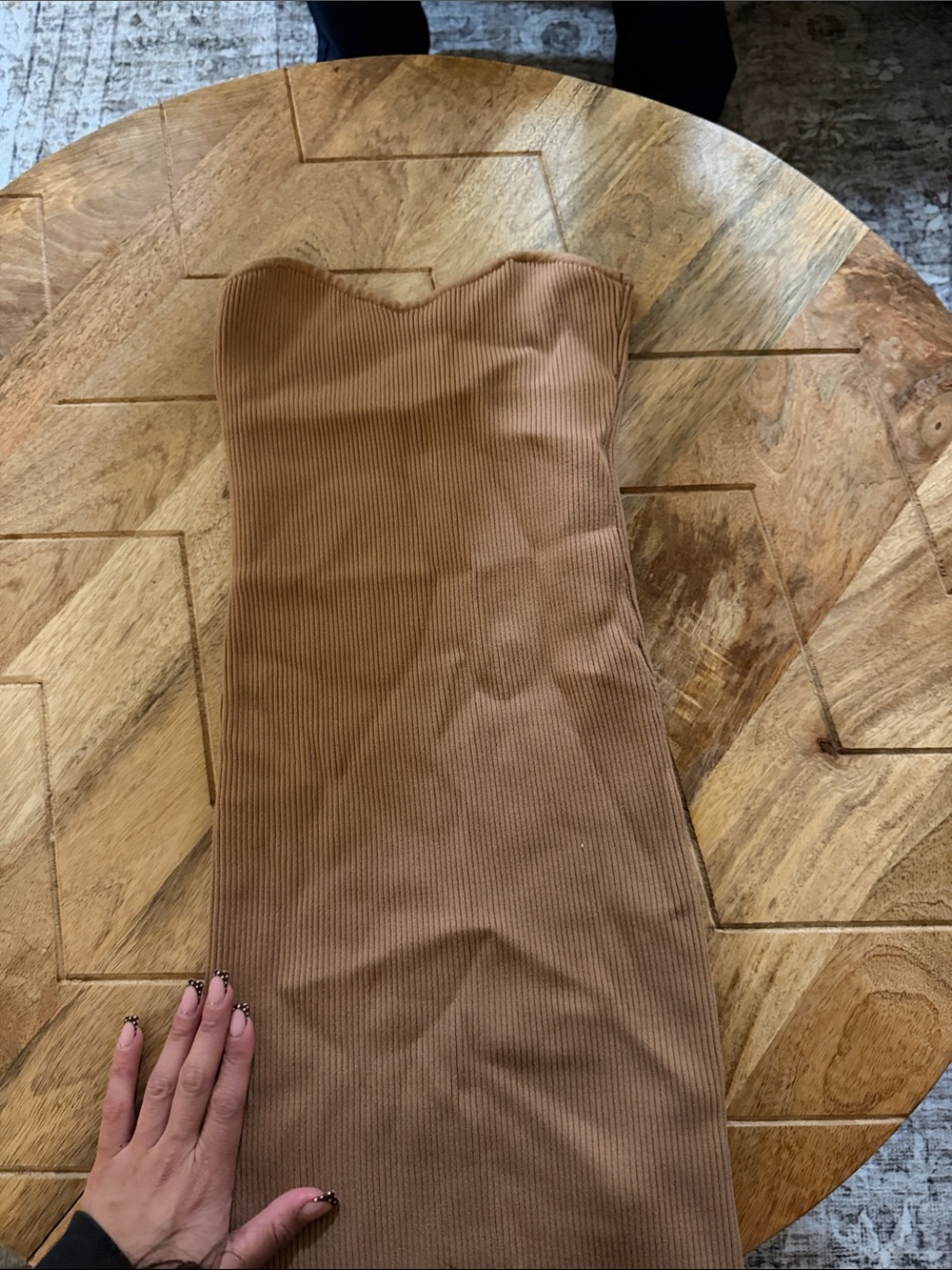 Strapless Ribbed Bodycon Dress in Camel